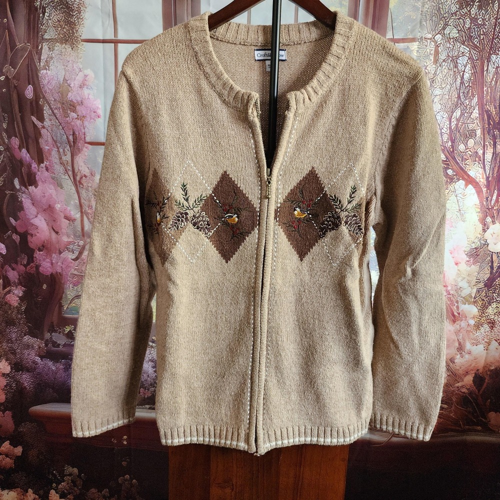 Neutral Holiday Full Zip Argyle with Embroidered Birds, Silk Blend Cardigan